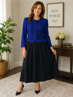 Vintage 80’s Miss Dorby Blue Black Floral Cottagecore Modest  Midi Dress Sz 8
